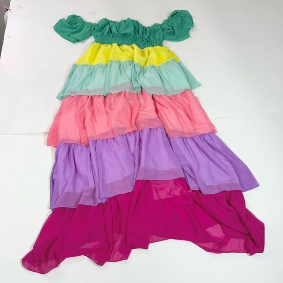 Faeriesty Maxi Dress Womens 3XL Rainbow Color Block Chiffon Layered Ruffle - Picture 2 of 10